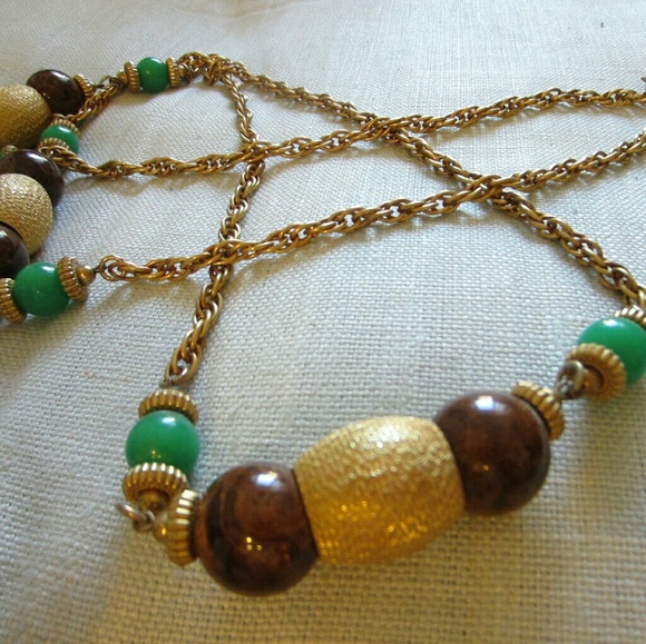 Cadoro Long Chain Necklace Decorated Large Green & Gold Beads Designer Tag Mark - Picture 2 of 14